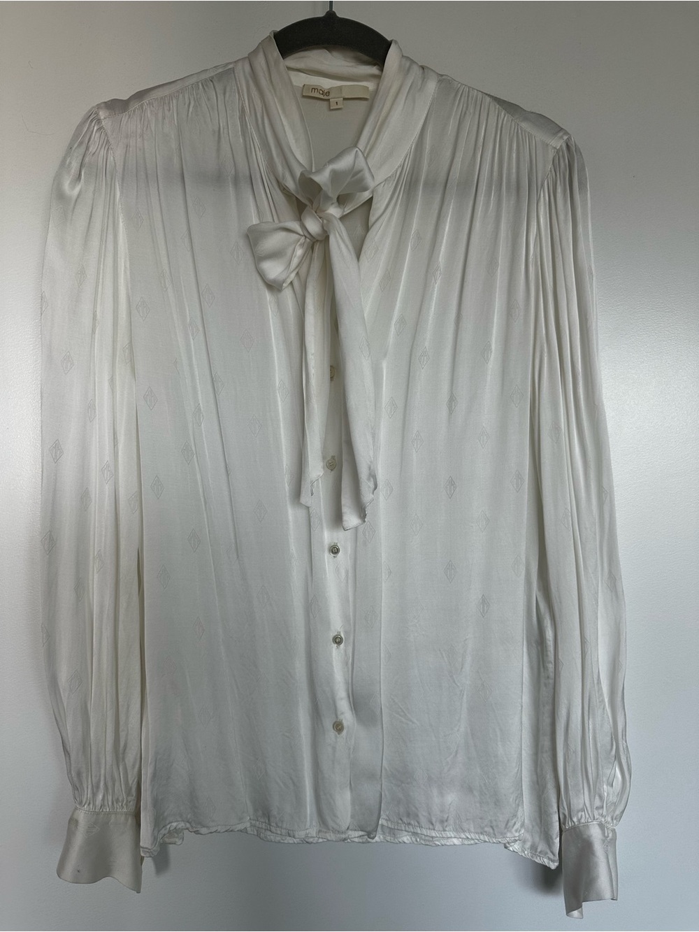 Maje Paris Cream Silk Tie Neck Blouse Pleated Long Sleeve
